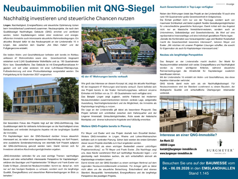 Zeitungsanzeige: Neubauimmobilien mit QNG-Siegel – Nachhaltig investieren und steuerliche Chancen nutzen